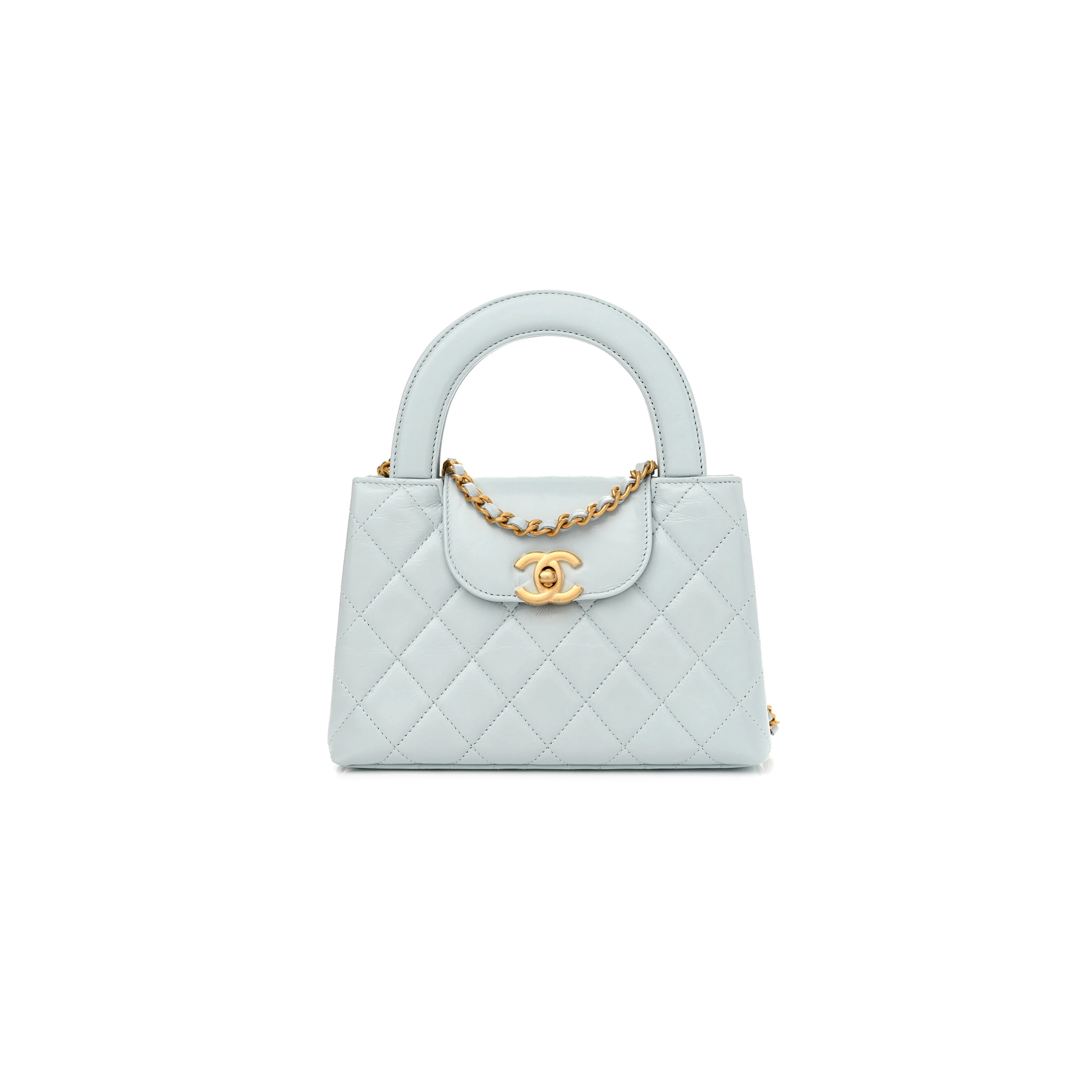 CHANELSHINY AGED CALFSKIN QUILTED NANO KELLY SHOPPER LIGHT BLUE AS4461 01 (19*13*6cm)